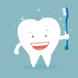 illustration of a healthy tooth holding a toothbrush free of cavities