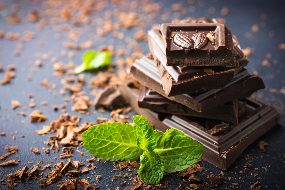 dark chocolate squares with mint leaves