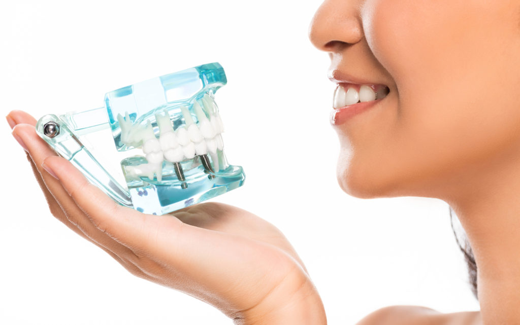 Woman looking at fake teeth with a straight white smile. 